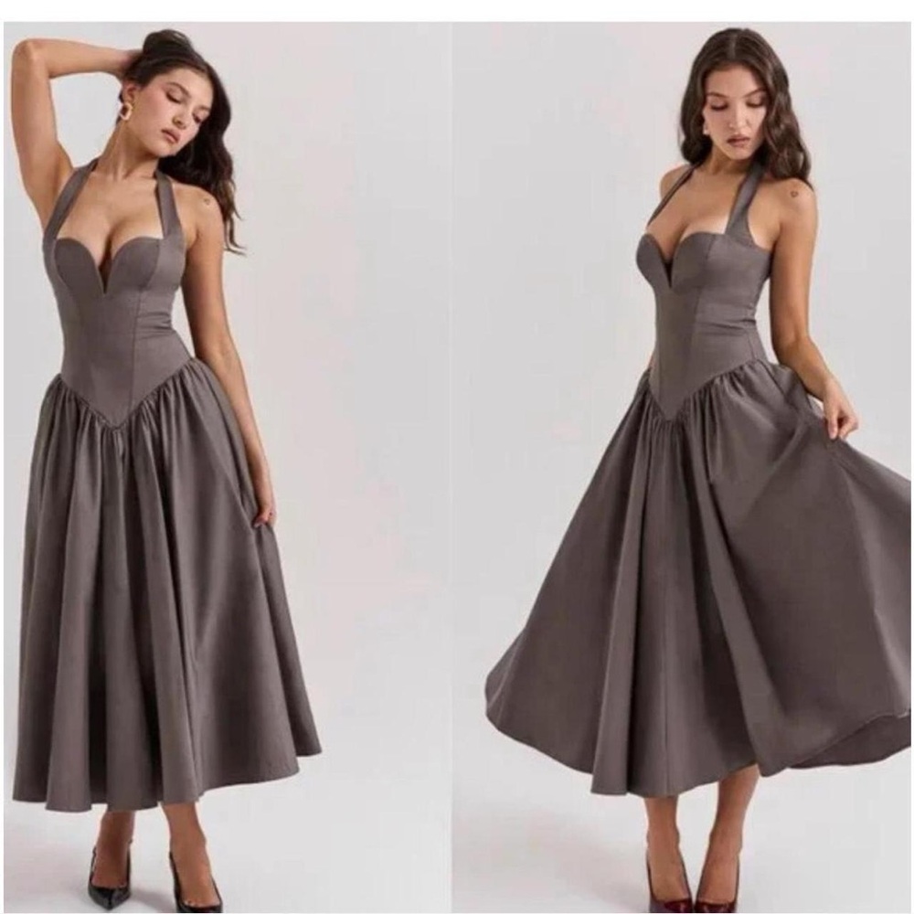 House of CB Gray Pleated Halter Sundress